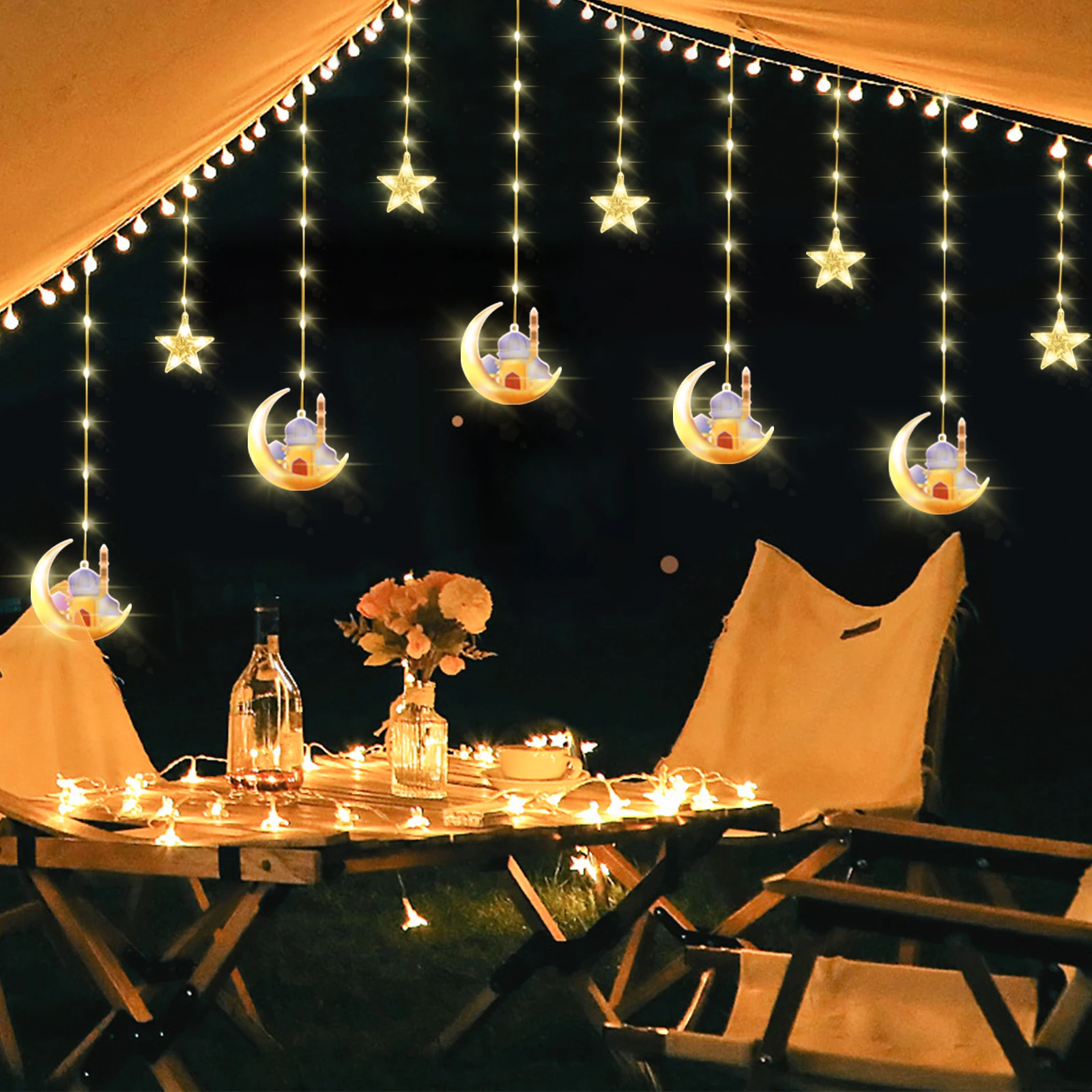 4M LED Star Curtain Decorative Light Moon Castle Light String Colorful Light Flashing Light String Full of Stars Room Decoration