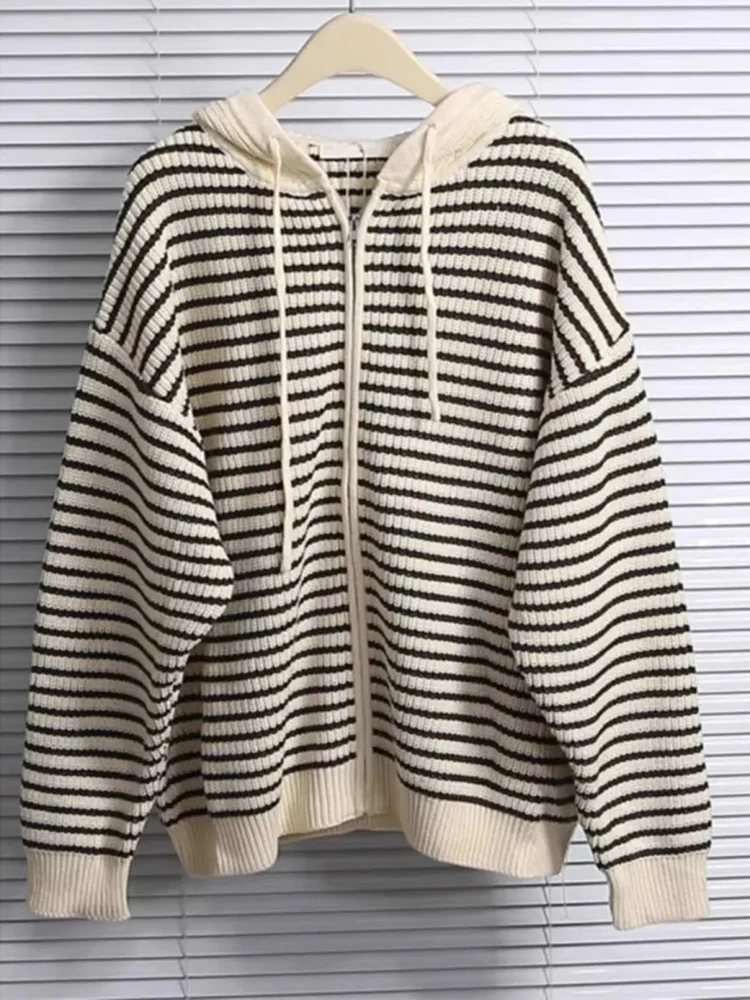 

Women Striped Hooded Cardigan Vintage Long Sleeve Loose Korean Knitted Sweaters Retro Streetwear Fall Casual Female Tops Coats