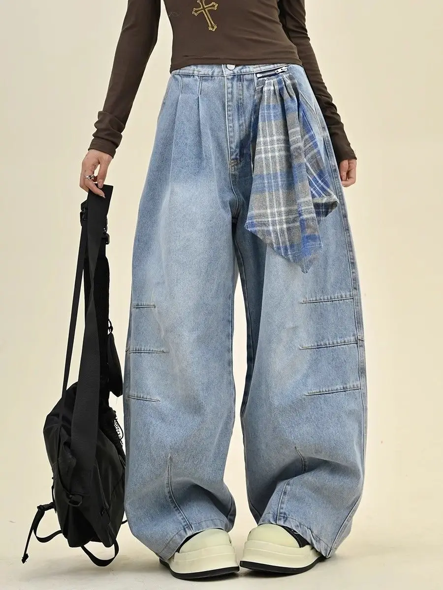 

American Plus Size Jeans For Women'S Autumn And Winter Design, Detachable Square Scarf Silhouette, Loose Wide Leg Pants