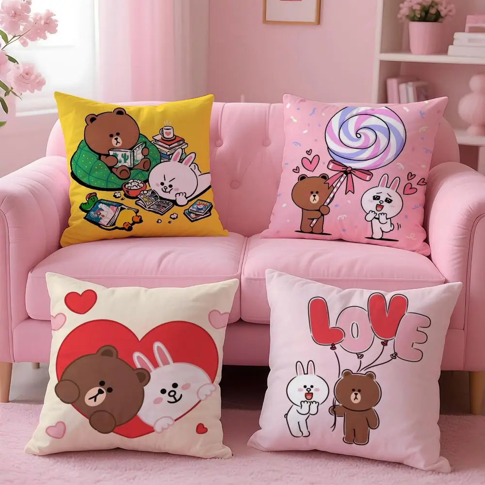 Anime Line Town Brown Bear and Cony Cushion Cover Comfortable Reversible Pillow Cover Ideal for Car Sofa Bedroom & Beyond