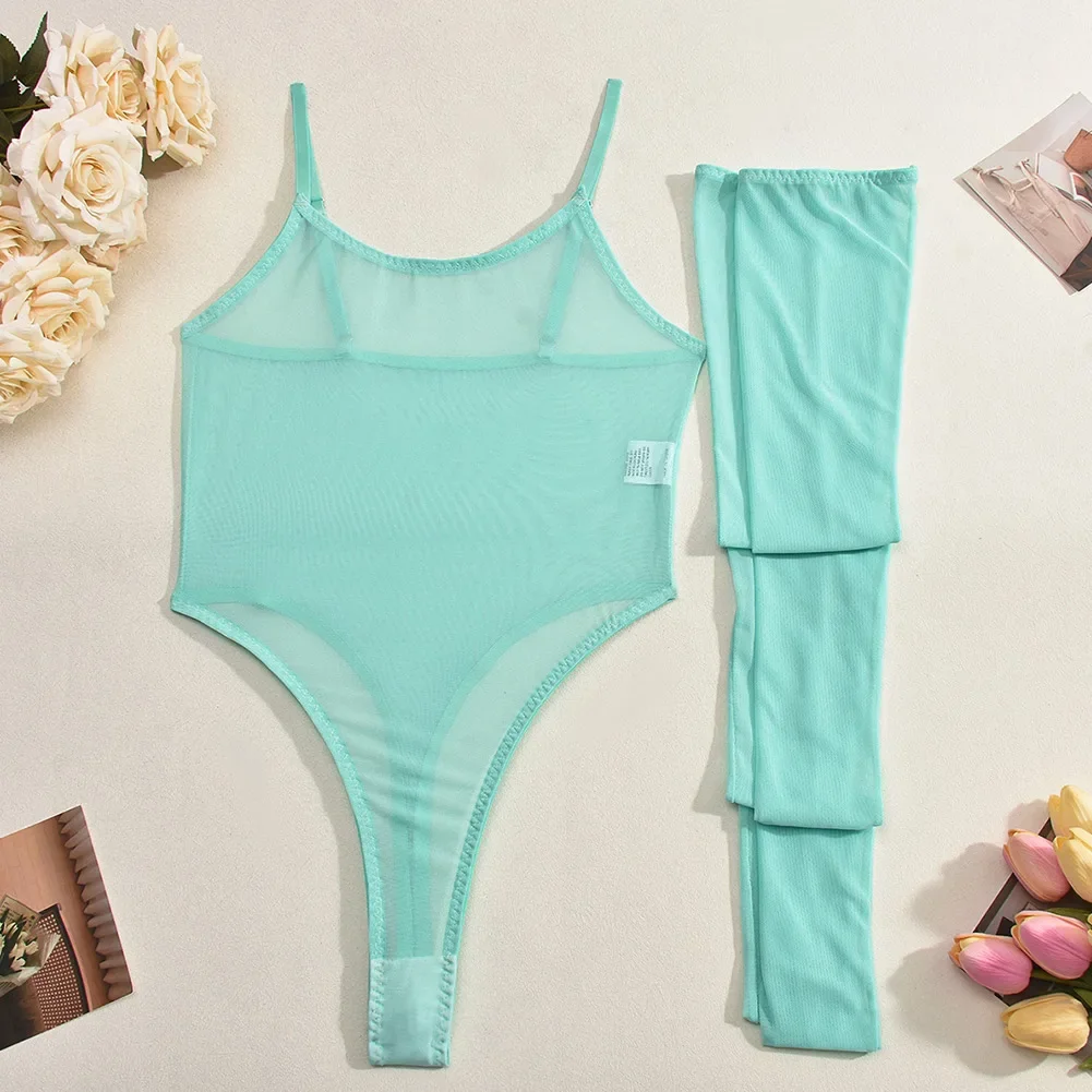 Womens Sexy Bodysuits Mesh See-Through Jumpsuit Suspenders Stockings Two-Piece Suit Ultrathin Swimsuit Trikini Underwear