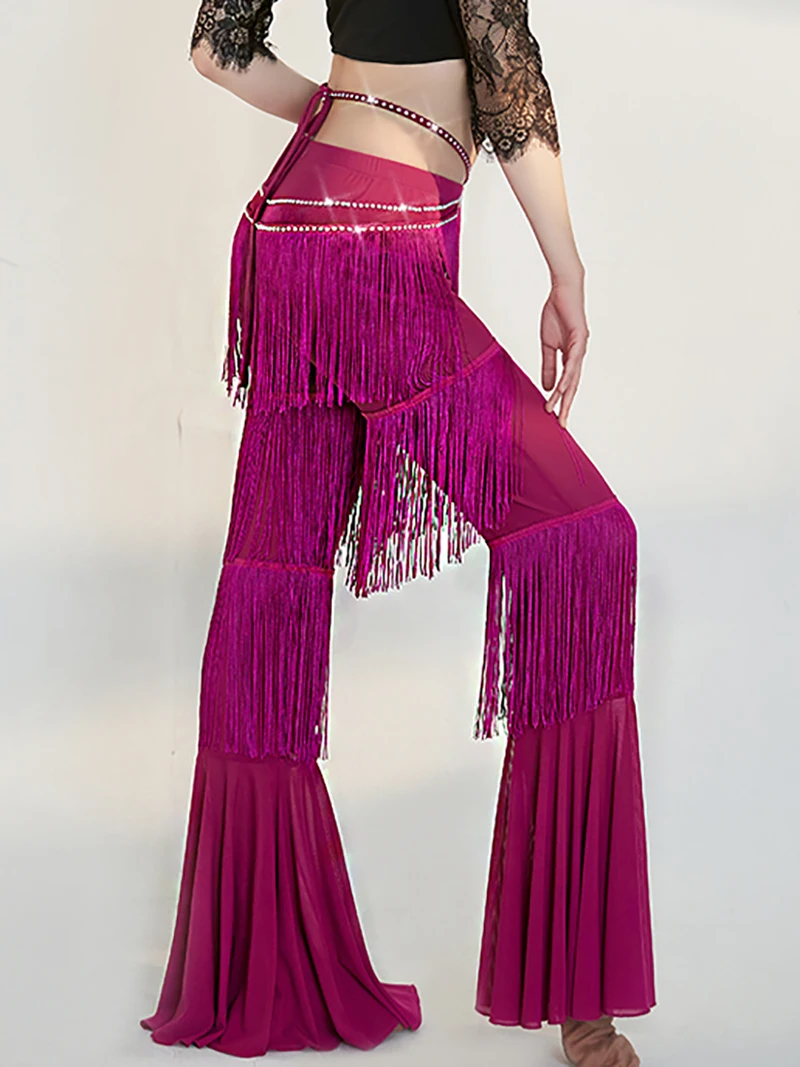 Women Flash Diamond Belly Dance Trousers New Training Practice Tassel Ballroom Samba Flared Pants Oriental Team Uniform Costume