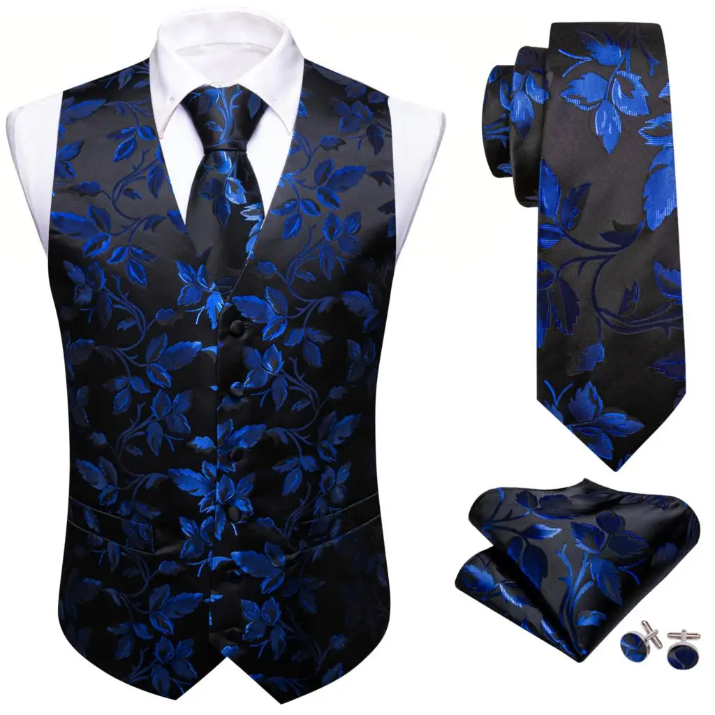 Colete de luxo para homens azul preto flor seda fino ajuste colete gravata lenço conjunto casamento formal negócios sem mangas jaqueta barry wang