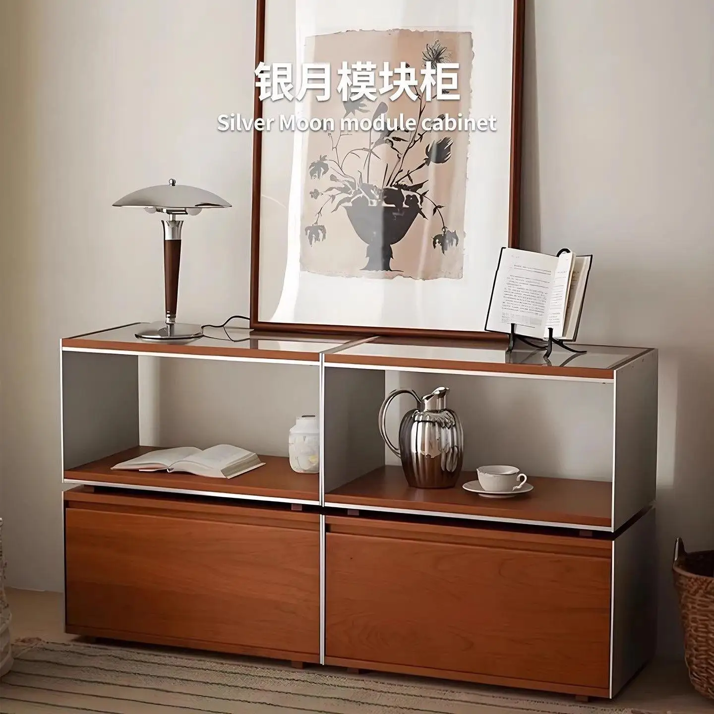 Mueble modular de madera, mueble de TV para sala de estar, mesa de centro de vidrio con vitrina.
