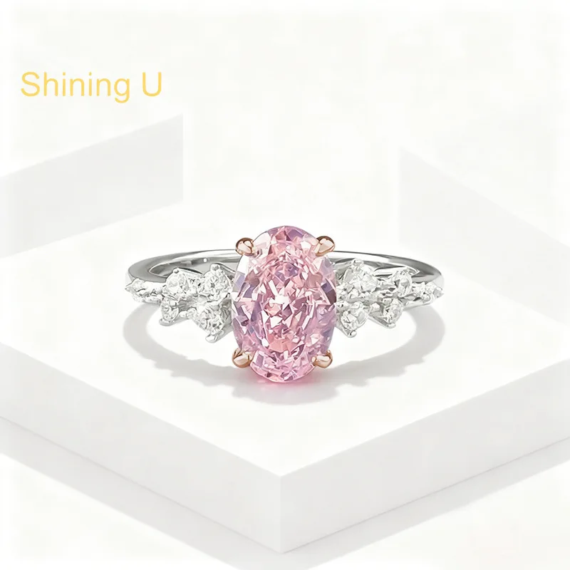 

Shining U 6*9m Pink High Carbon Diamond Gems 925 Sterling Silver Women Ring Wedding Fine Jewelry