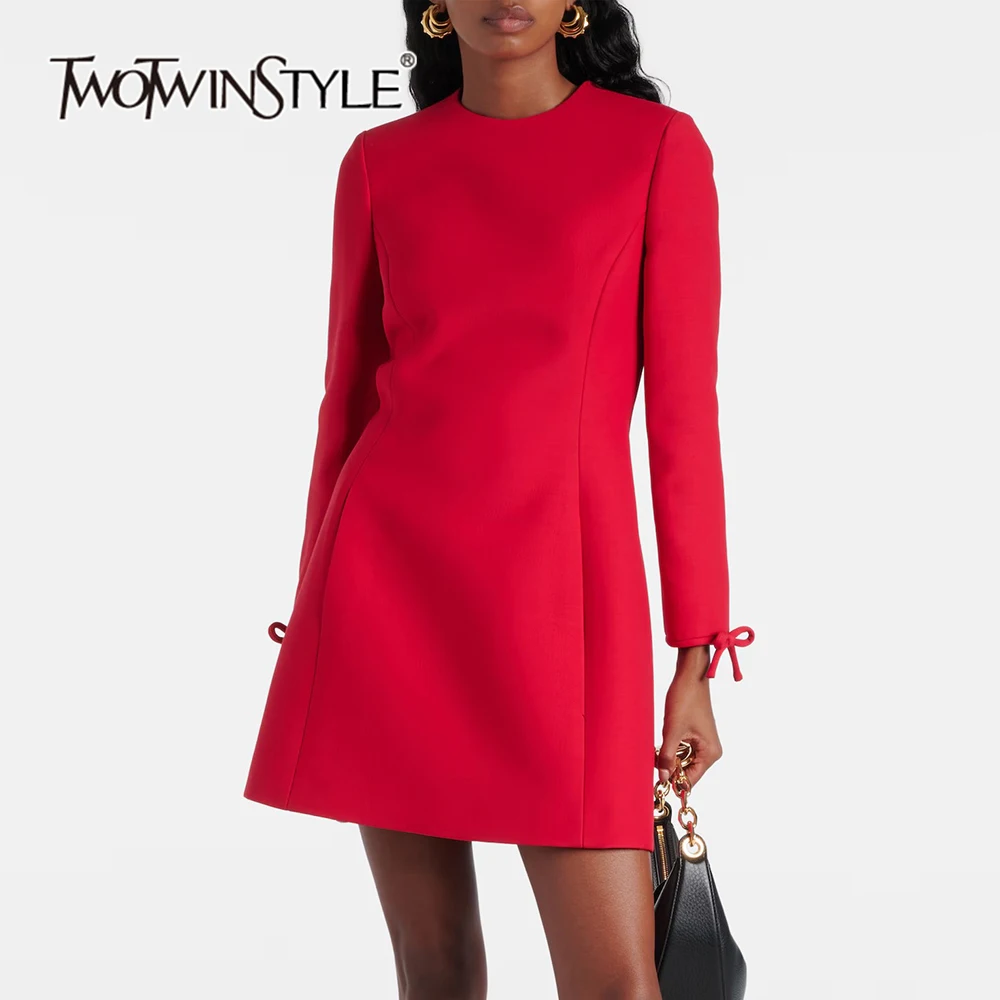 

TWOTWINSTYLE Solid Casual Spliced Bowknot Dress For Women Round Neck Long Sleeve High Waist Loose Dresses Female New KDR507800