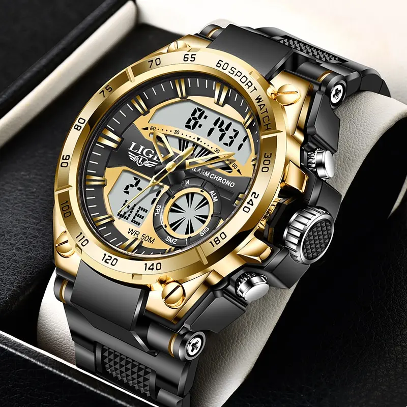 LIGE Top Brand Luxury Men Watches Fashion Dual Display Watch For Men Casual Sport Divier Watch Men Quartz Chronograph Clock Male