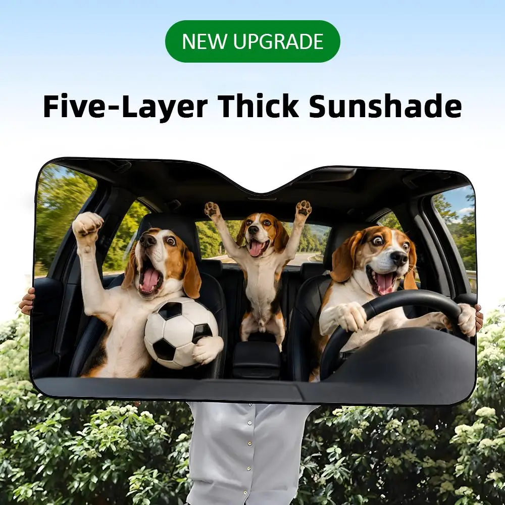 A five-layer thick car windshield sunshade with a funny graphic print of Beagle dogs throwing a soccer party.