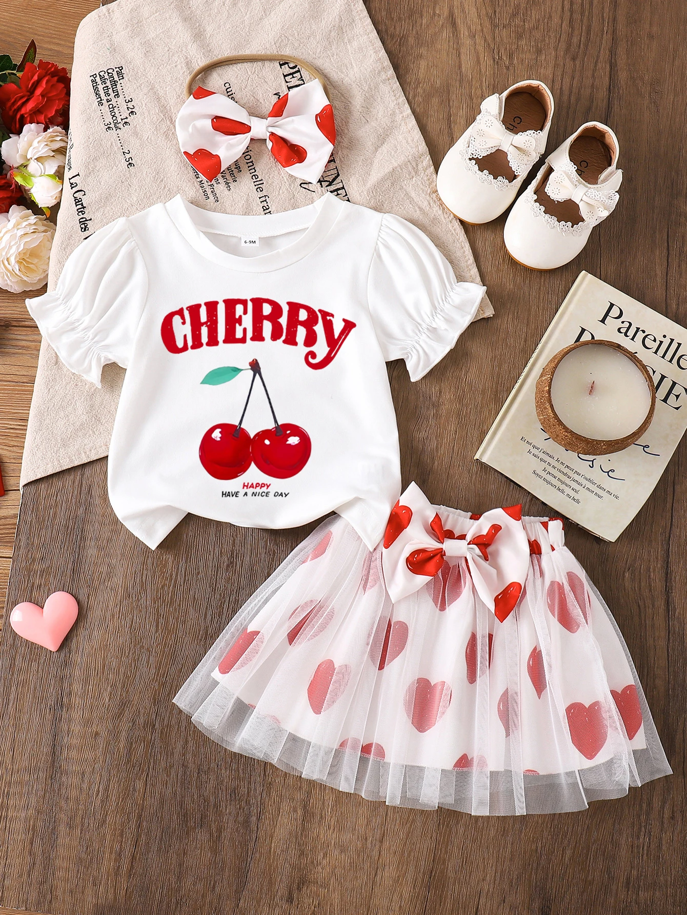 0-24 months Newborn Baby Girl Cute Cherry T-shirt Tutu Skirt Headband 3pcs Outfits Sets