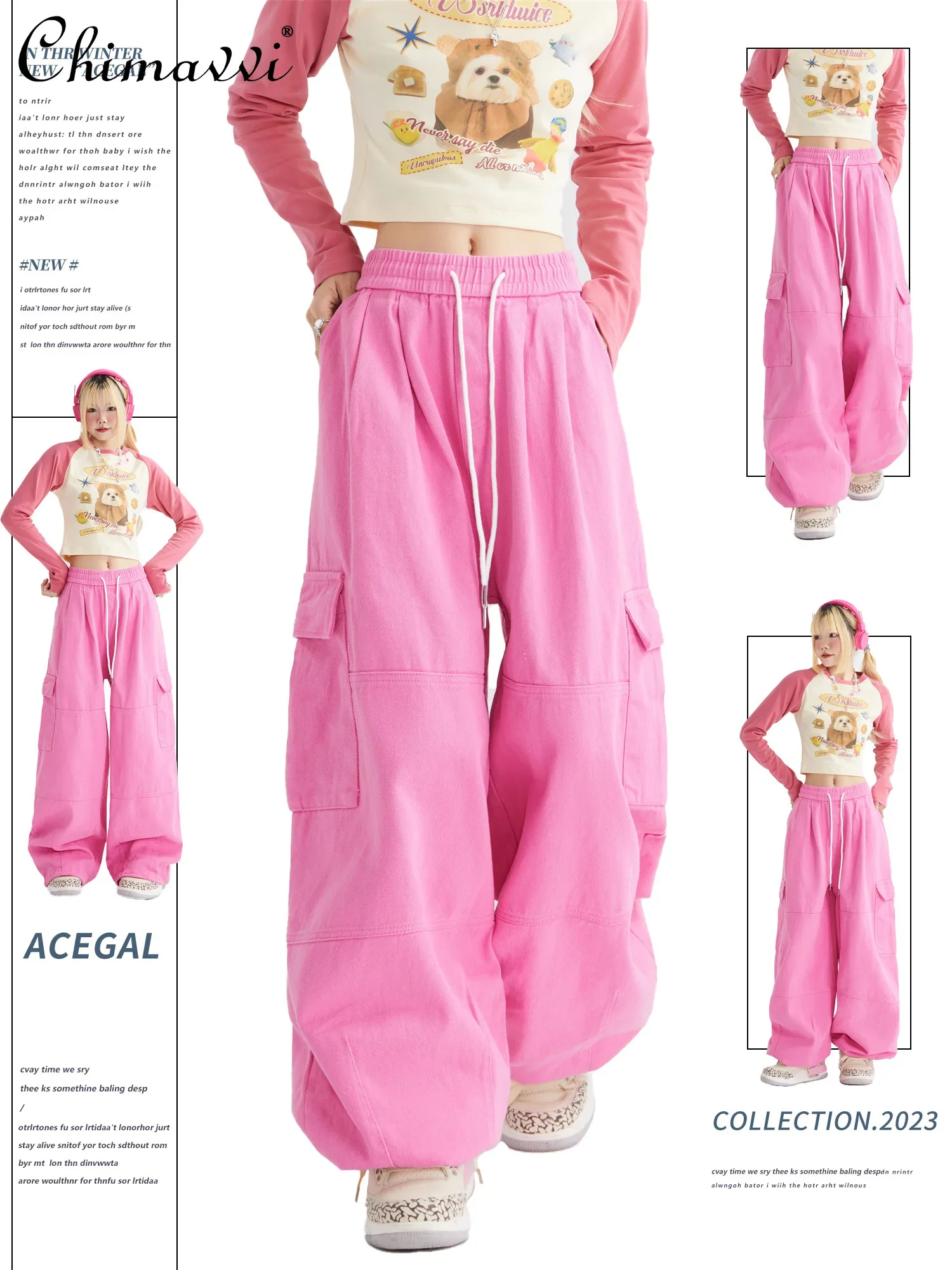 

Sweet Overalls Autumn Clothes New Fashionable Wide Leg Pants Girl Loose-Fitting Mopping Pants Pink Casual Women's Trousers