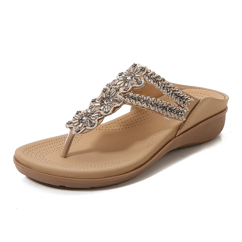 Sandalias informales de PU para mujer, zapatos romanos de plataforma, suaves y antideslizantes, con cuentas de diamantes ostentosos, estilo bohemio, para verano, 2024