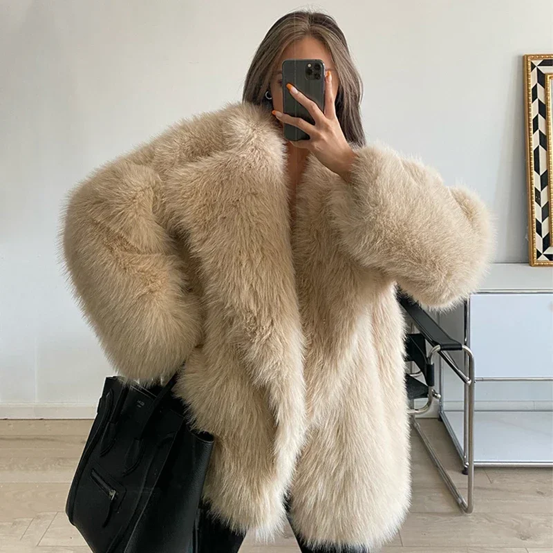 2024 Winter Hot Fashion Oversized Long Lapel Fur Coat Women Y2k Girls Warm Solid Faux Fur Jacket Luxury Brand Loose Club Outwear