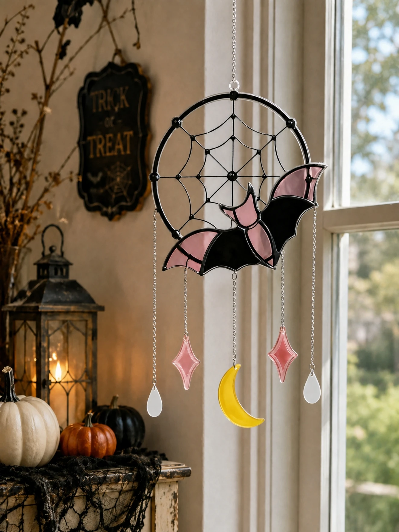 Pink Black Bat Acrylic Suncatcher Spider Web Dreamcatcher Moon & Teardrop Charms Gothic Halloween Window Hanging Home Wall Decor