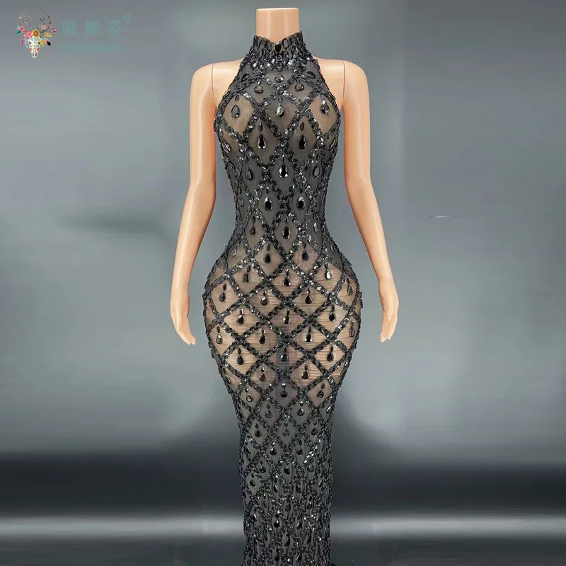 Luxus High-End Sexy Sparkling Diamante High Neck Perspektive Mesh Kleider Mode Promi Abend Cocktail Party Abendkleid