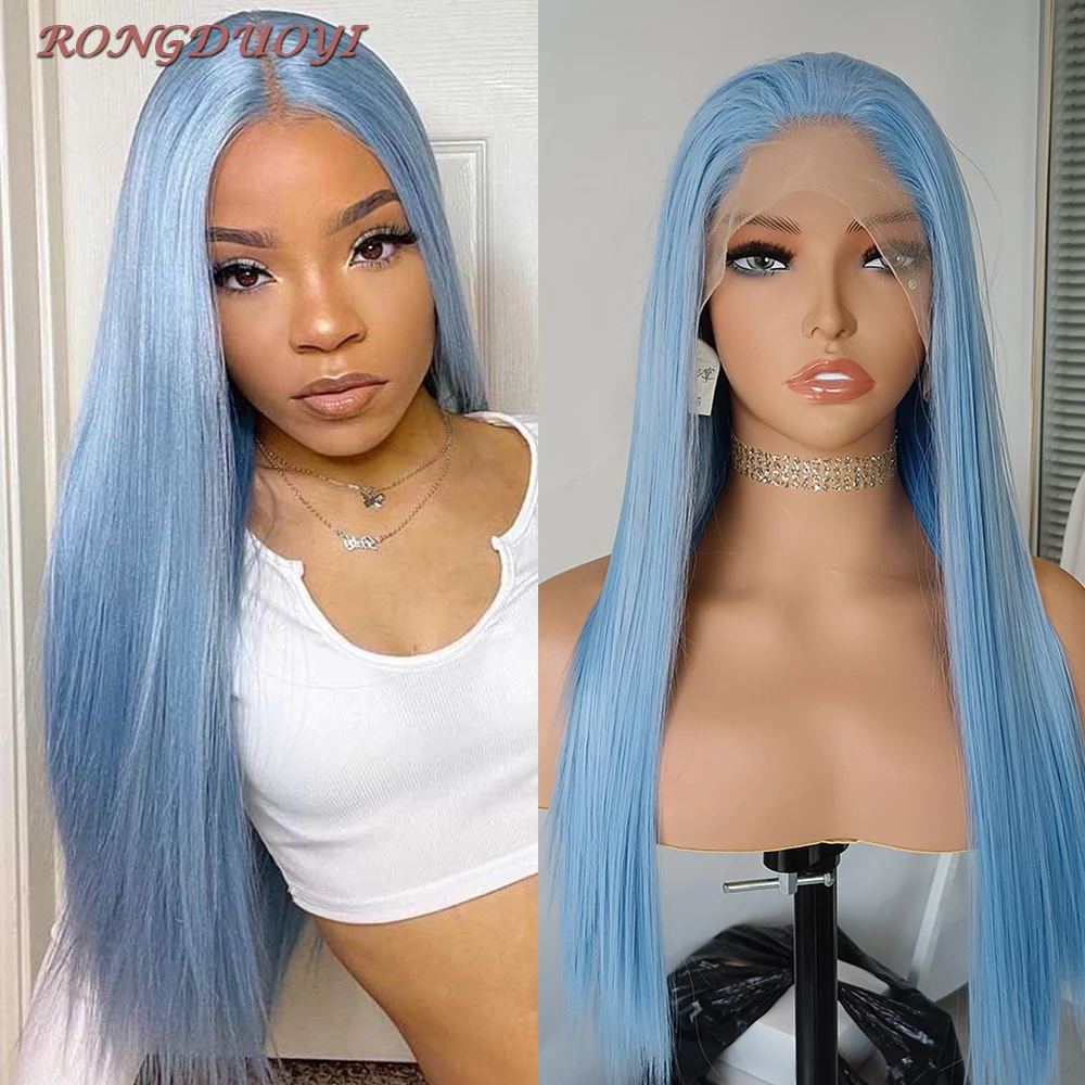 

RONGDUOYI Pastel blue Long Straight Lace Front Wig For Women Synthetic Heat Resistant Fiber Natural Hairline Middle Part Girls