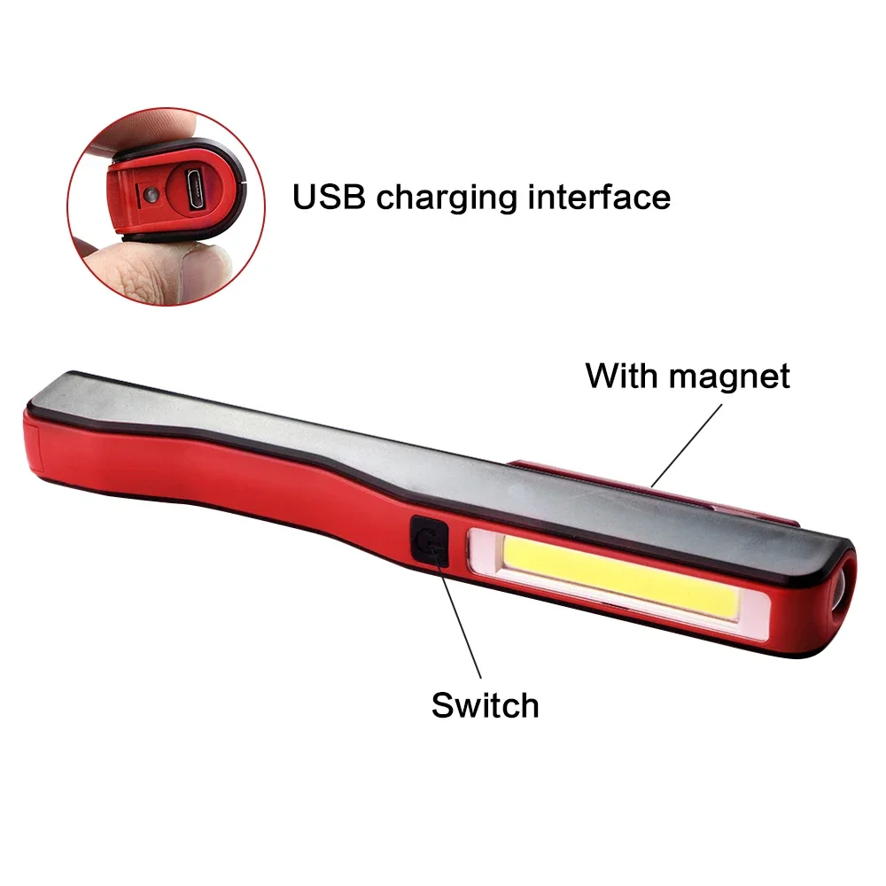 USB Rechargeable Portable COB LED Flashlight Rechargeable Magnetic Pen Clip Hand Torch Work Light Built-In Battery With Magnet