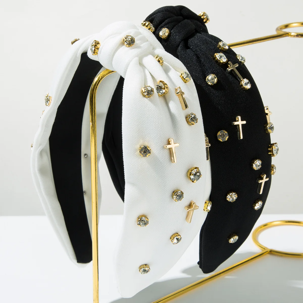 

New diamond-set solid color knotted headband personalized alloy cross accessories fashionable simple hair accessories women