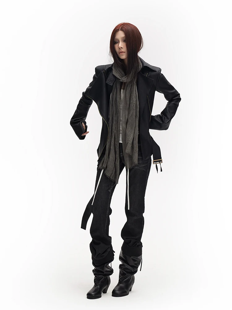 Lautaro Spring Autumn Cool Handsome Soft Black Pu Leather Jacket Women Long Sleeve Double Zippers Luxury Clothes Runway Fashion
