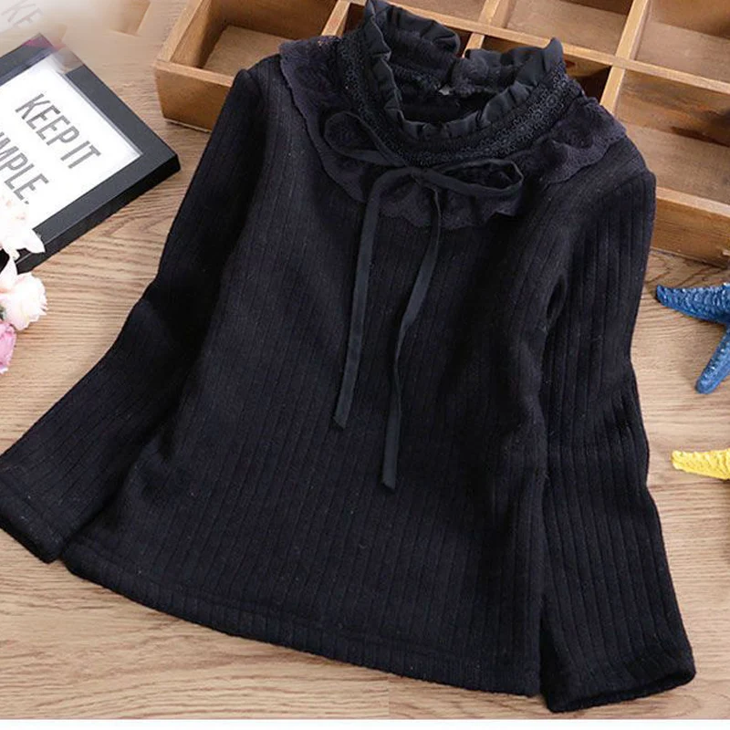 Autumn Winter Sweet Fashion Harajuku Girls Knitting Tops All Match Kawaii Casual Undershirt Cute Solid Long Sleeved Kids Sweater