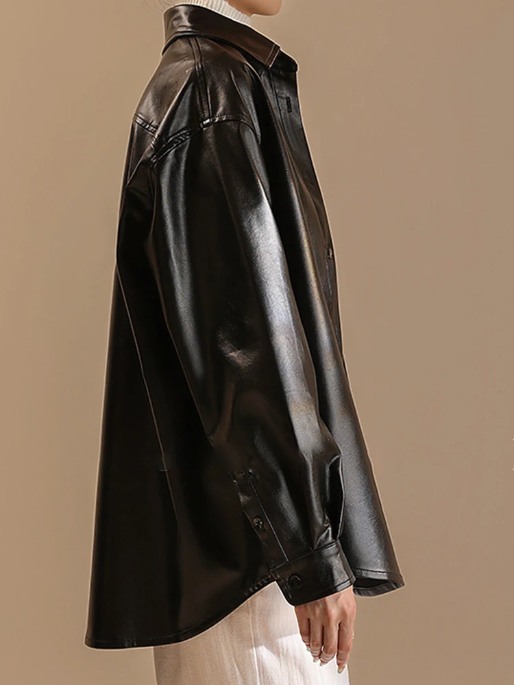 YERMORA Black Pu Leather Button Big Size Blouse For Women Lapel Long Sleeve Loose New Shirt Coat Fashion Tide Spring Autumn 2025