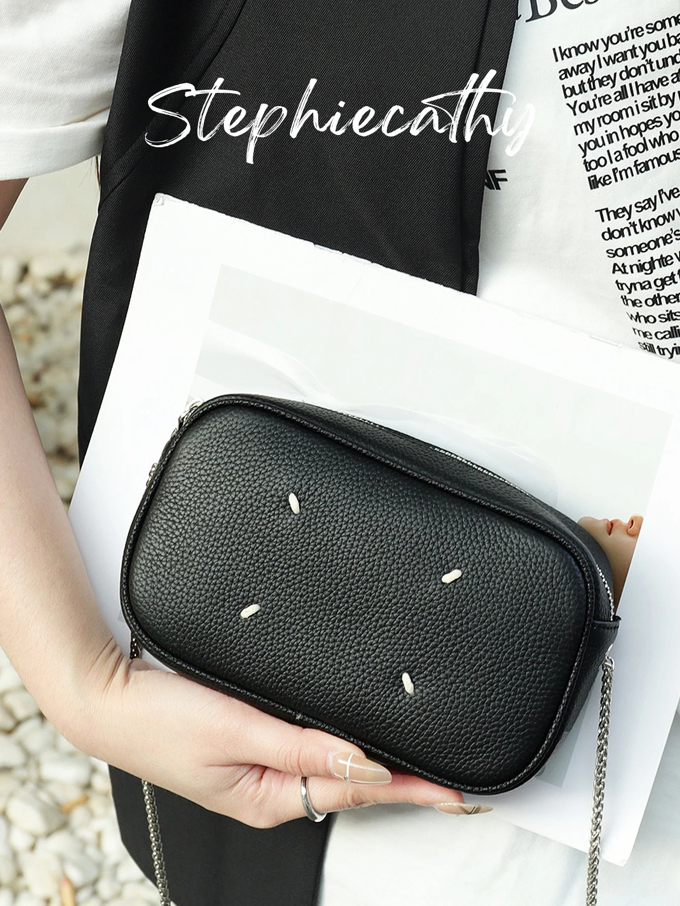 

SC Women Fashion Casual Genuine Leather Square Bag Long Metal Chain Cross body Shoulder Bag Daily Versatile Small Purse Commute