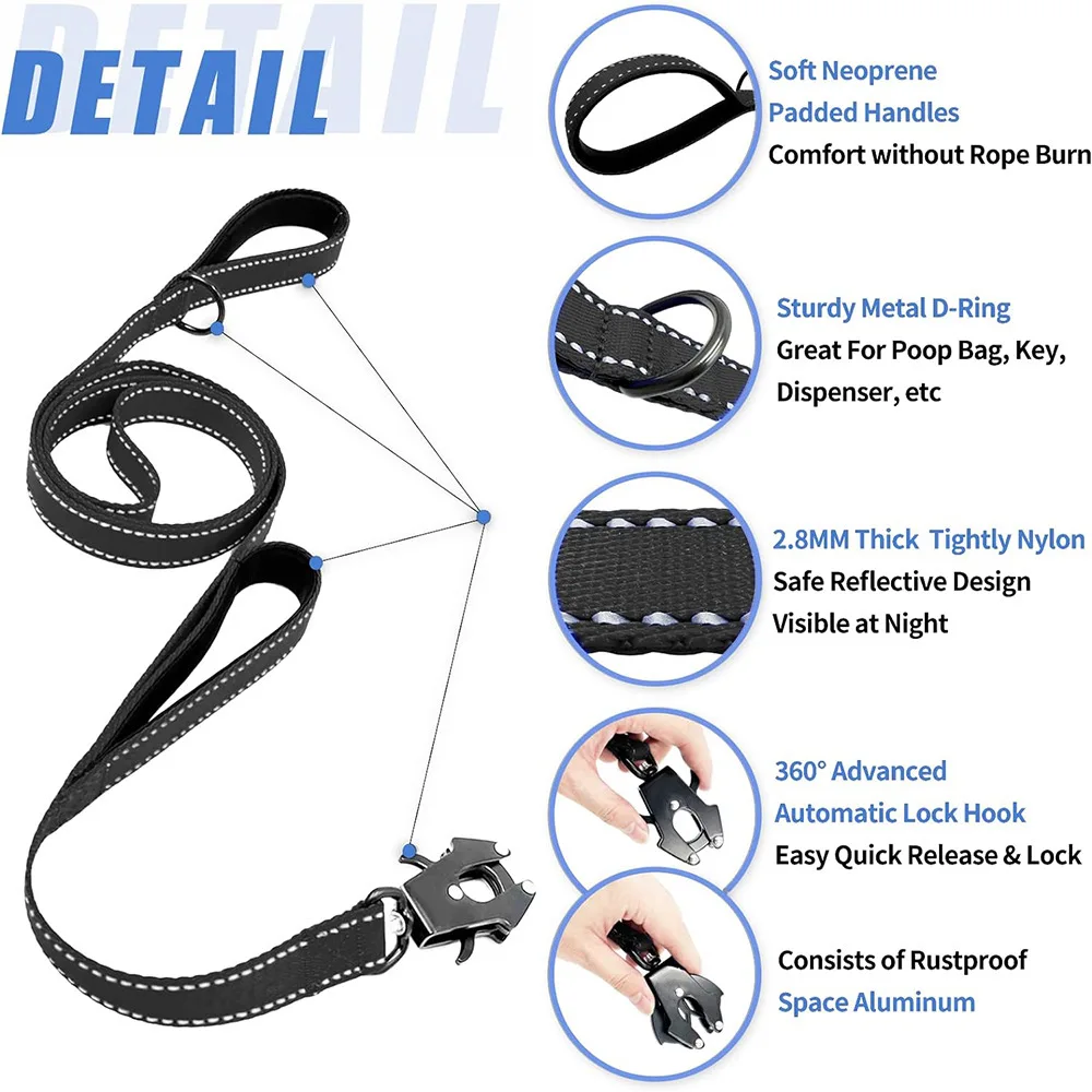 Robuste Hundeleine – reflektierende Hundeleine aus Nylon mit weich gepolstertem 2-Griff und Auto-Lock-Frosch-Clip. Hundeleine für den Außenbereich