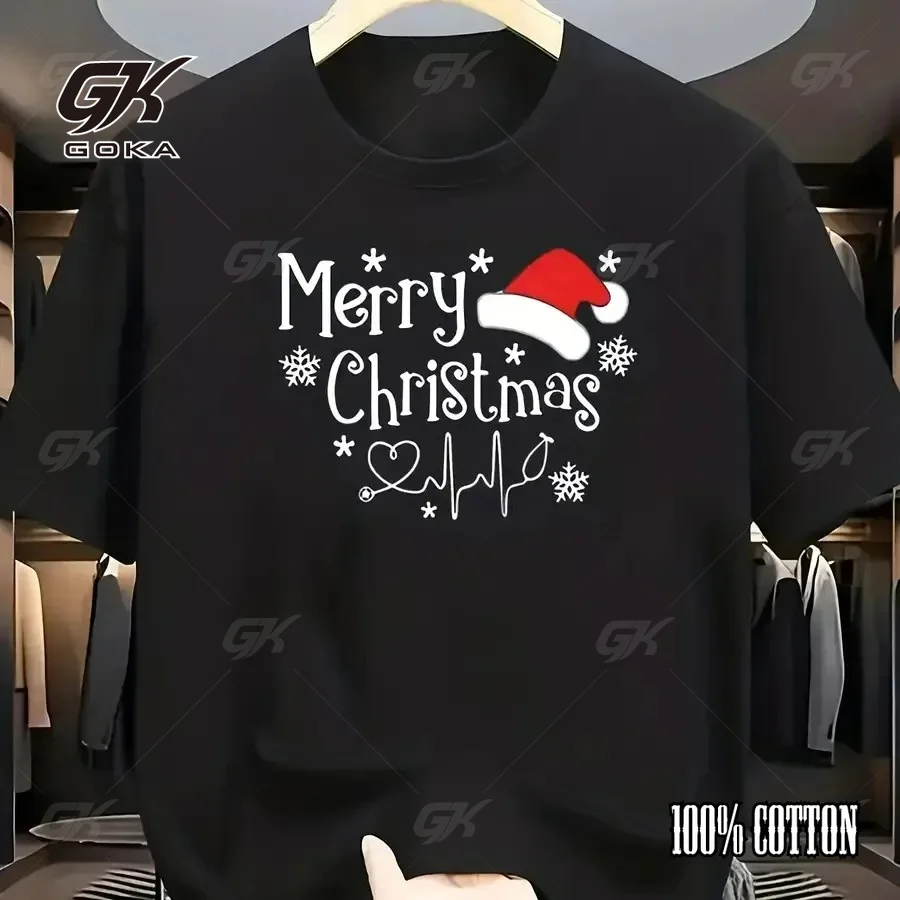 Merry Christmas Nurse Santa Hat EKG Stethoscope Graphic T-Shirt White Casual Crewneck Unisex Clothes Round Short Sleeved Tops
