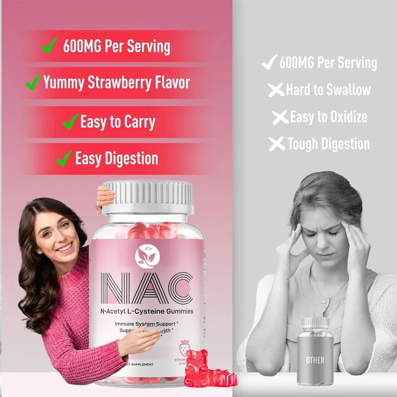 Nac Gummies 600 mg, suplementos de acetilcisteina para antioxidantes y apoyo inmunológico, salud de las pulpos y el hígado, sabor natural de fresa