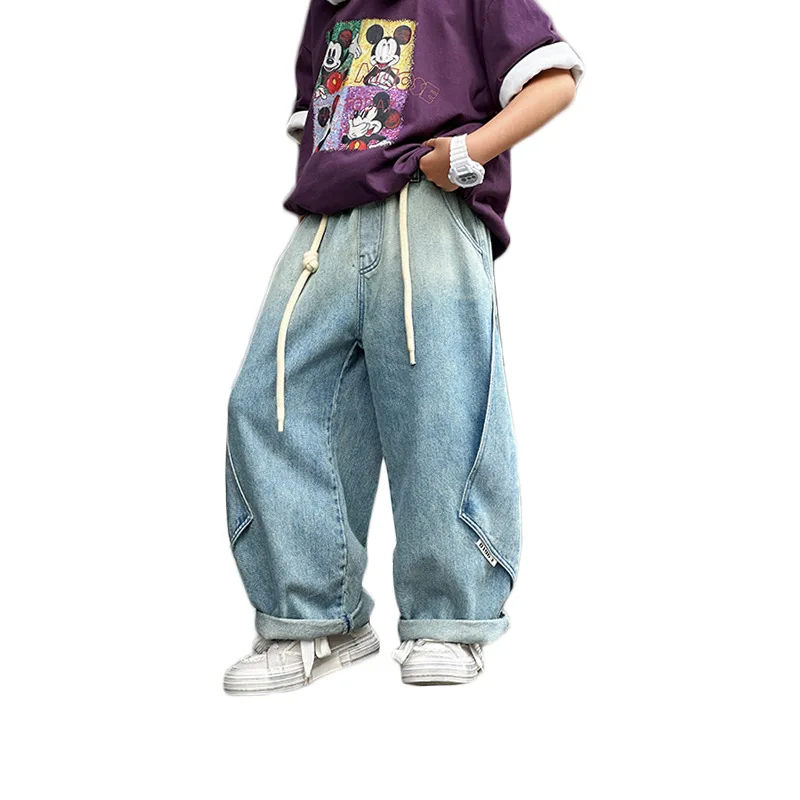 جينز للأولاد 2026 ربيع خريف جديد للأطفال في سن المراهقة ملابس خروج أمريكية عصرية ماركة مستقيمة الساق فضفاضة واسعة الساق من قماش الدنيم #6