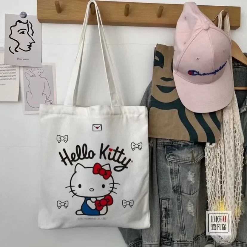 Canvas Tote Bag Hello Kitty Aesthetic Personalized Custom Reusable Grocery Bags Shopping Shoulder Bag Cute Travel Tote Bag