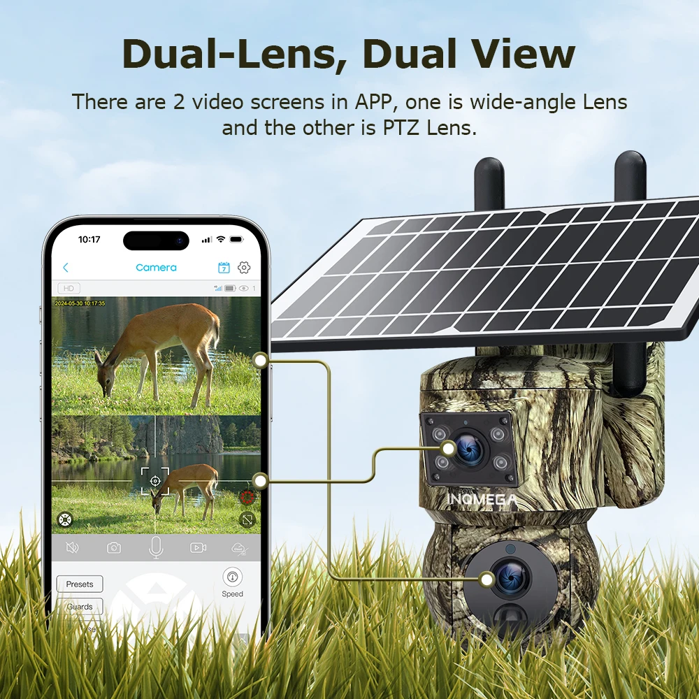 INQMEGA 6MP 4G Solar Security Cameras WIFI Wireless Outdoor 3K 360° View Animal Monitoring Camouflage Color Battery PTZ Camera