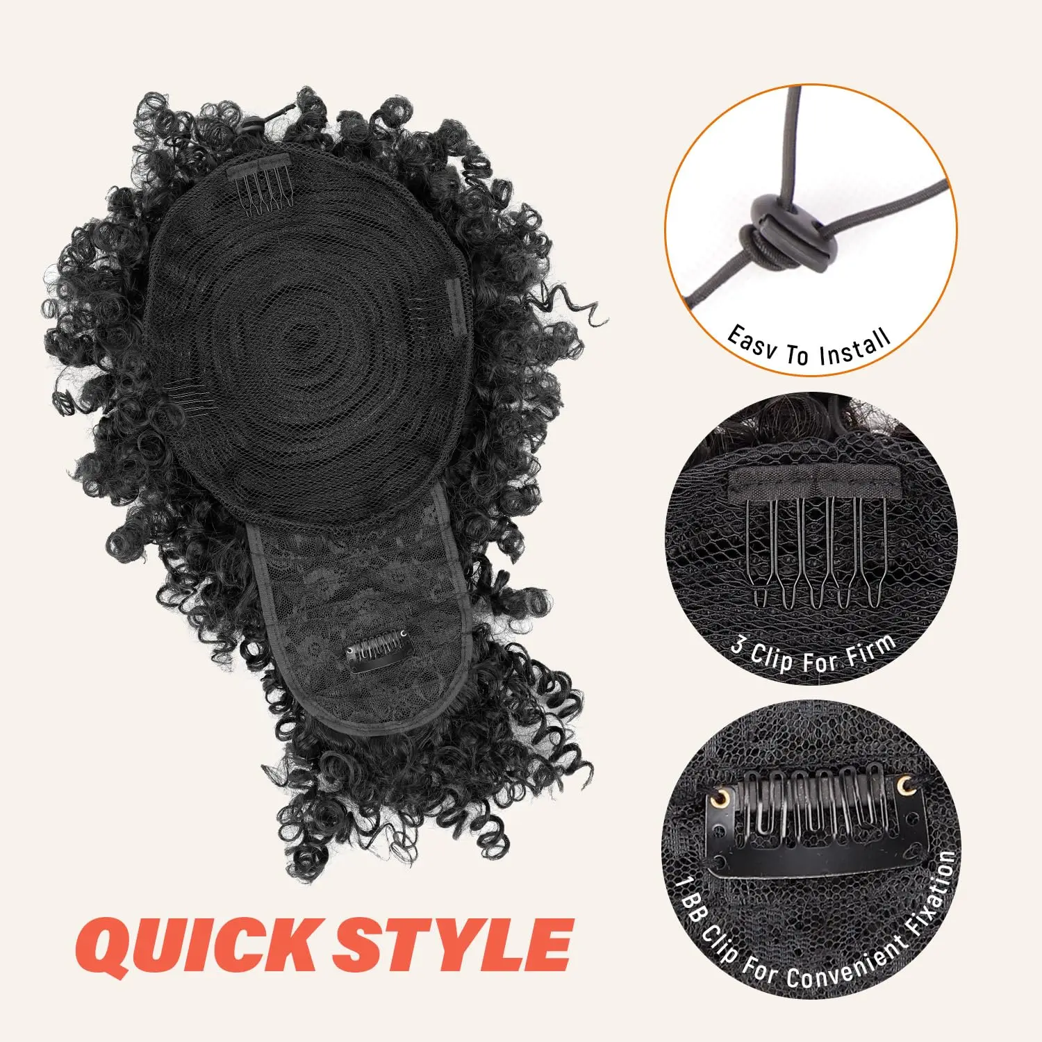 Ekstensi Rambut Afro Puff Drawstring Ponytail dengan Poni, Rambut Pendek Keriting untuk Wanita Kulit Hitam, Jepit Rambut Keriting, Poni untuk Gaya Rambut Updo