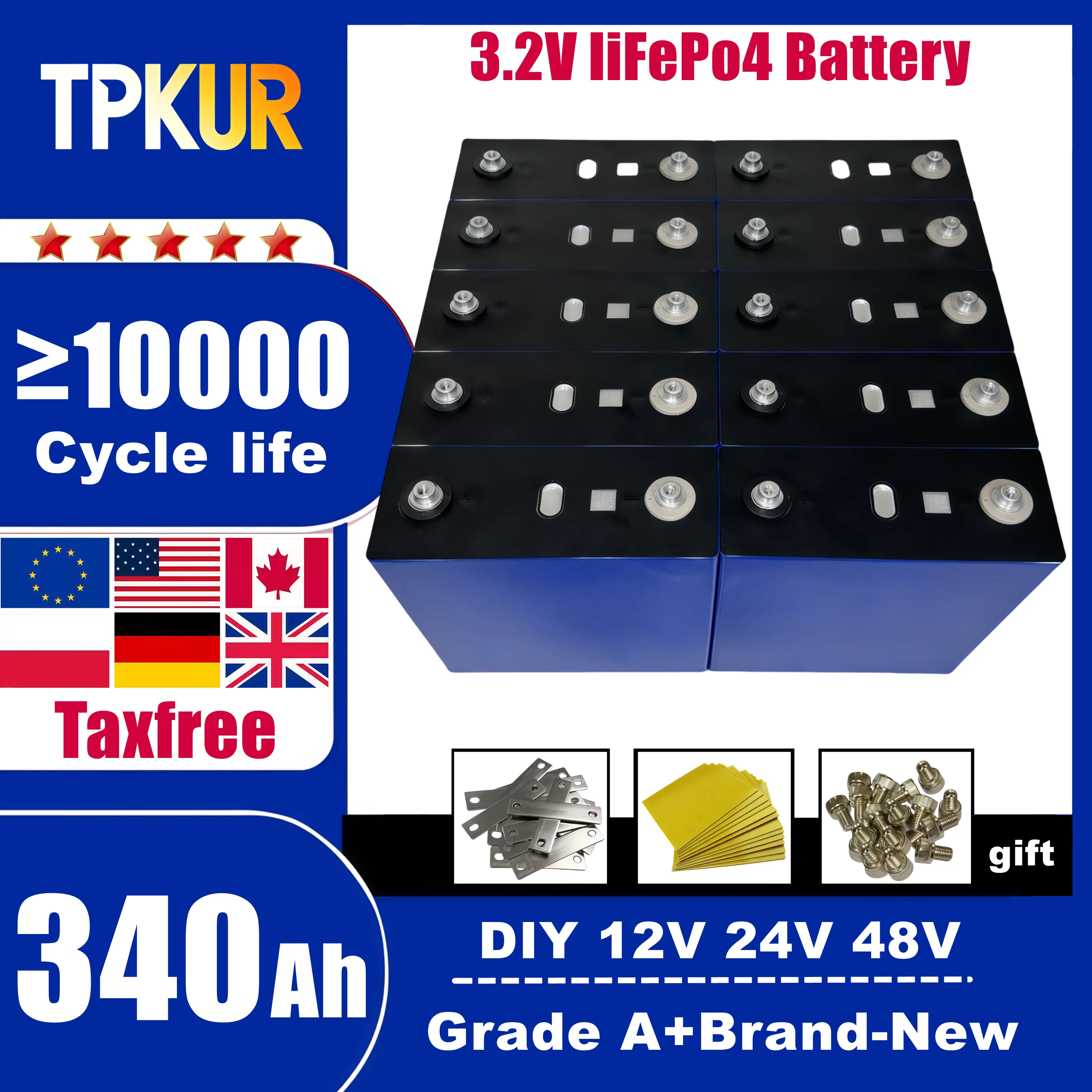 

Lifepo4 340ah Cell 3.2V Rechargeable battery Grade A 10000 Cycles DIY12V 24V 48V Golf Cart Electric Car Camping RV Boat System