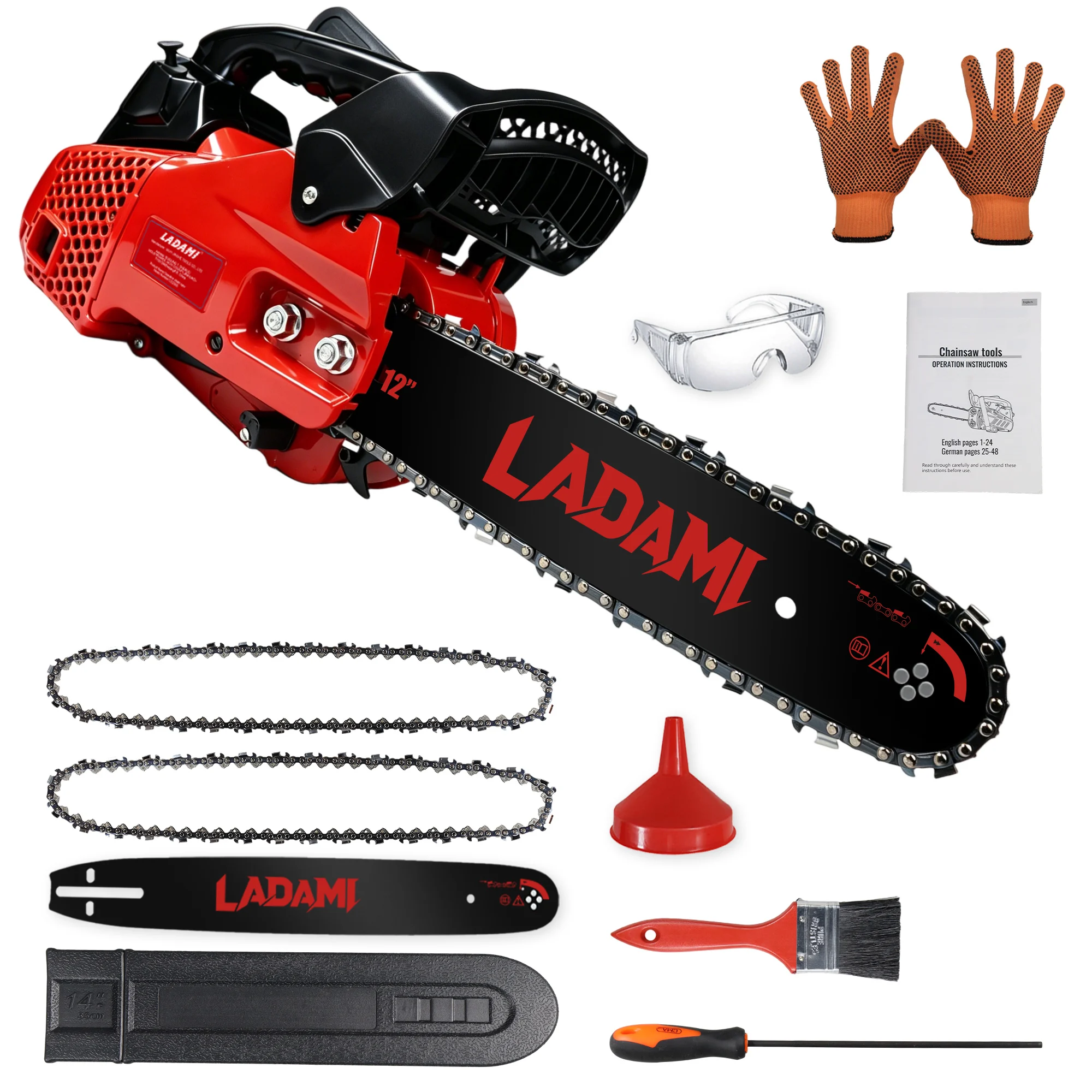 LADAMI 25.4cc benzinekettingzaag, 9kW vermogen, EASY-Start – 12 inch zwaardlengte, 2-takt kettingzaag, benzine boomverzorgingszaag voor houtkap en tuinieren