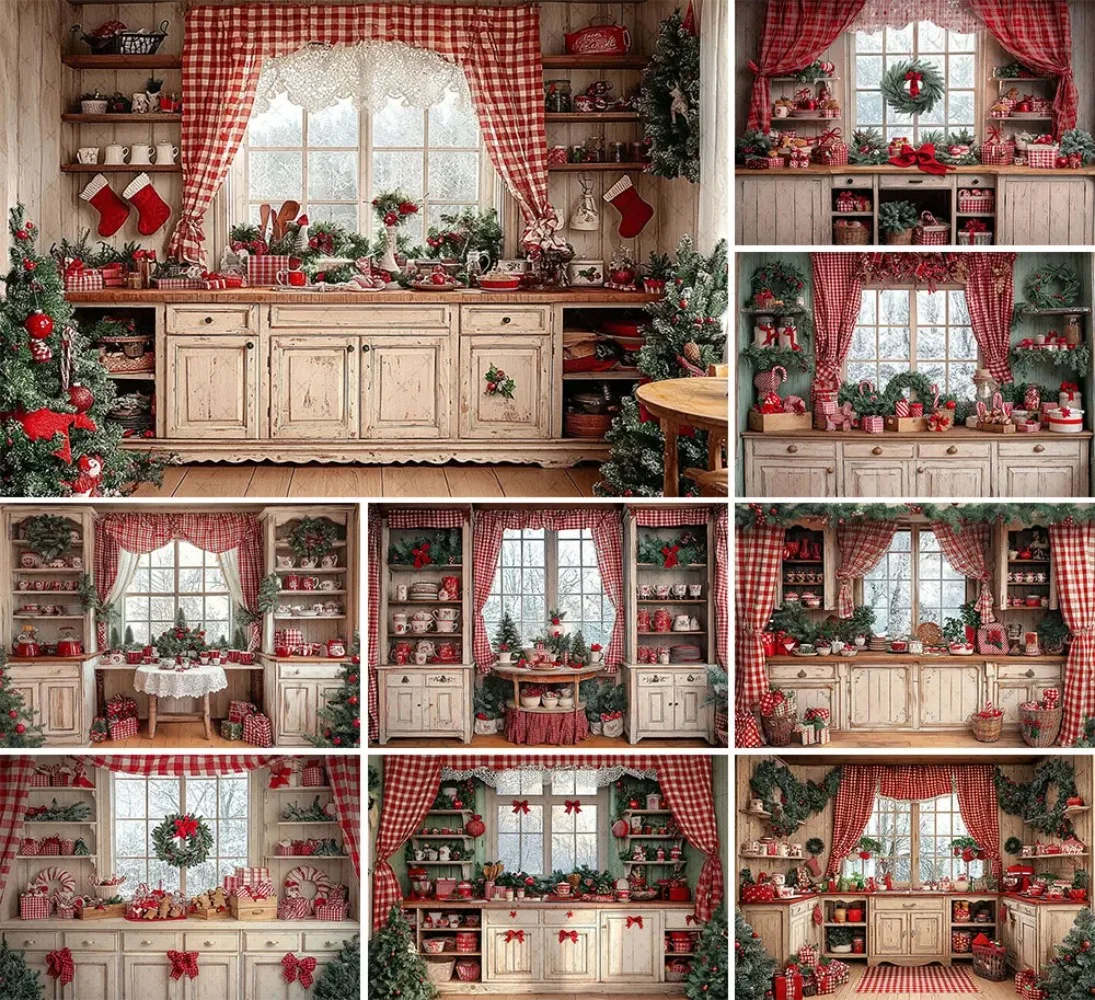 Winter Christmas Kitchen Curtains Theme Banner Decoration Backdrop, Christmas Party, Home Decoration Photography Backdrop Cloth