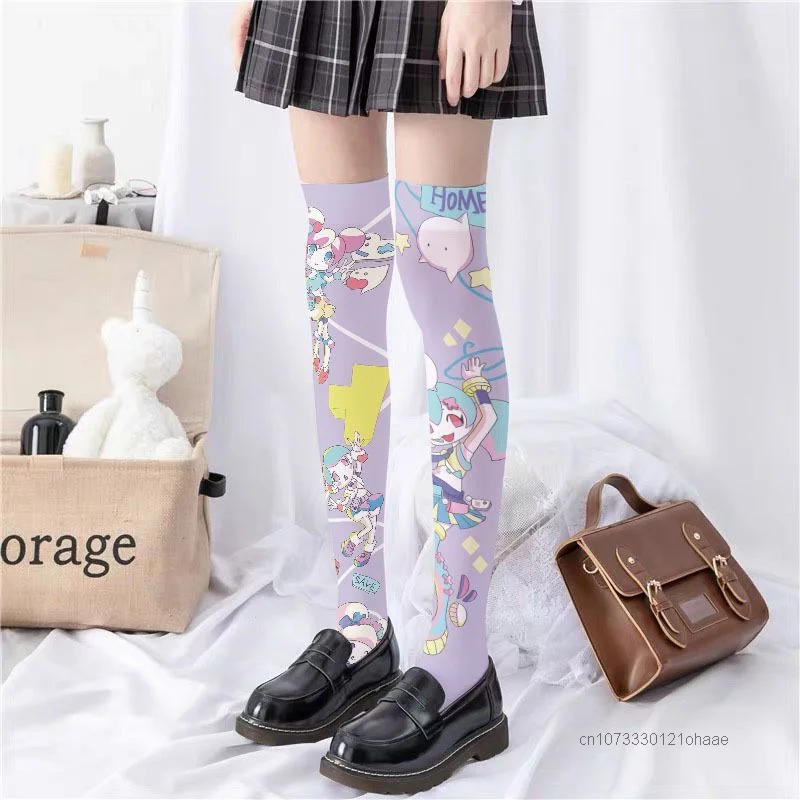 Anime Printed Y2k Japanese Style Silk Socks Thin Women\'s Spring and Autumn Lolita Cute Cartoon Knee Length White Velvet Socks