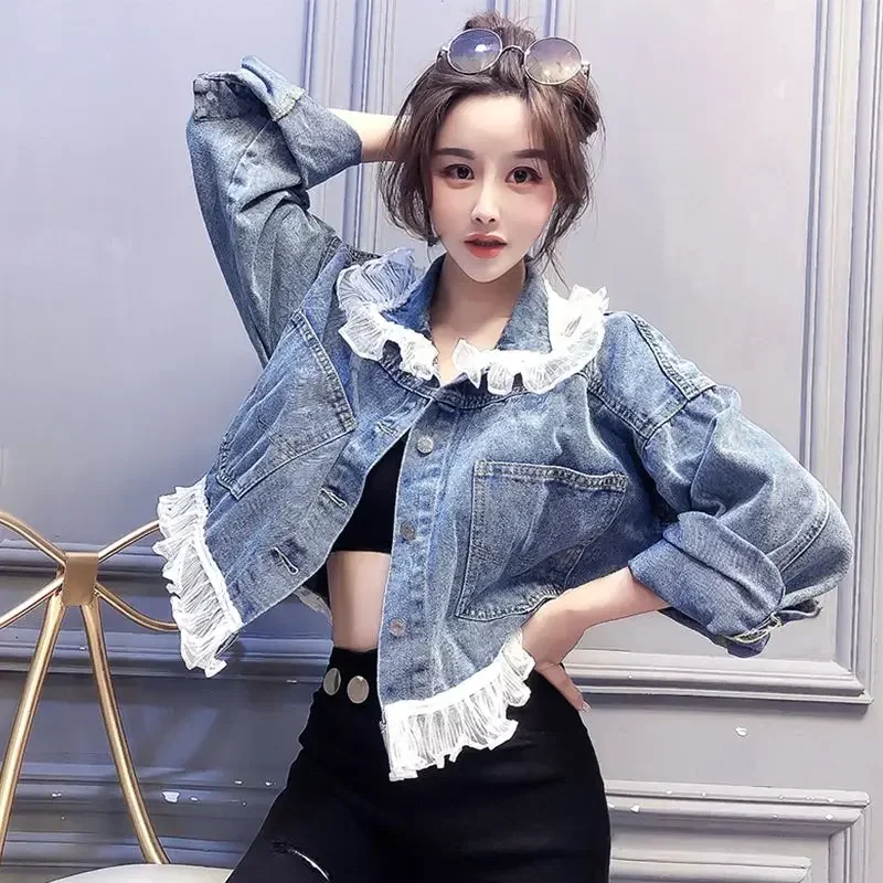 Woman Jean Coat Outerwear Patchwork Biker Small Mix Color Short Spring Autumn Blue Denim Jacket for Women Crop Designer Vintage