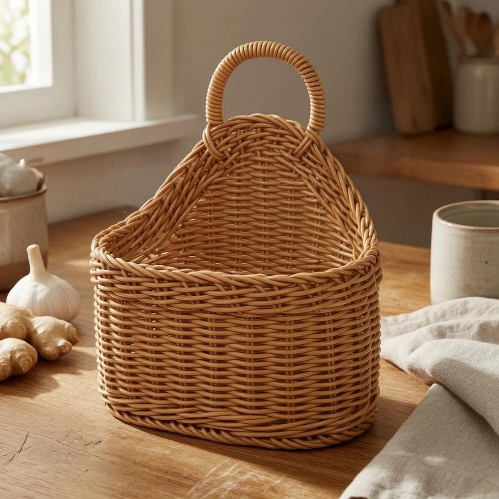 Hanging Wicker Basket Textured Woven Wicker Basket Home Decor Multi-Use Farmhouse Style for Kitchen