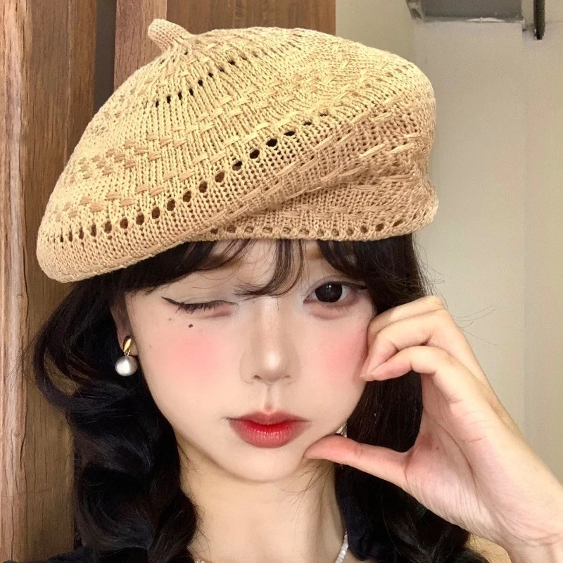 Simple Knitted Hollow Beret Spring and Summer Thin Breathable Fashionable Literary and Versatile Newsboy Painter Hat for Women