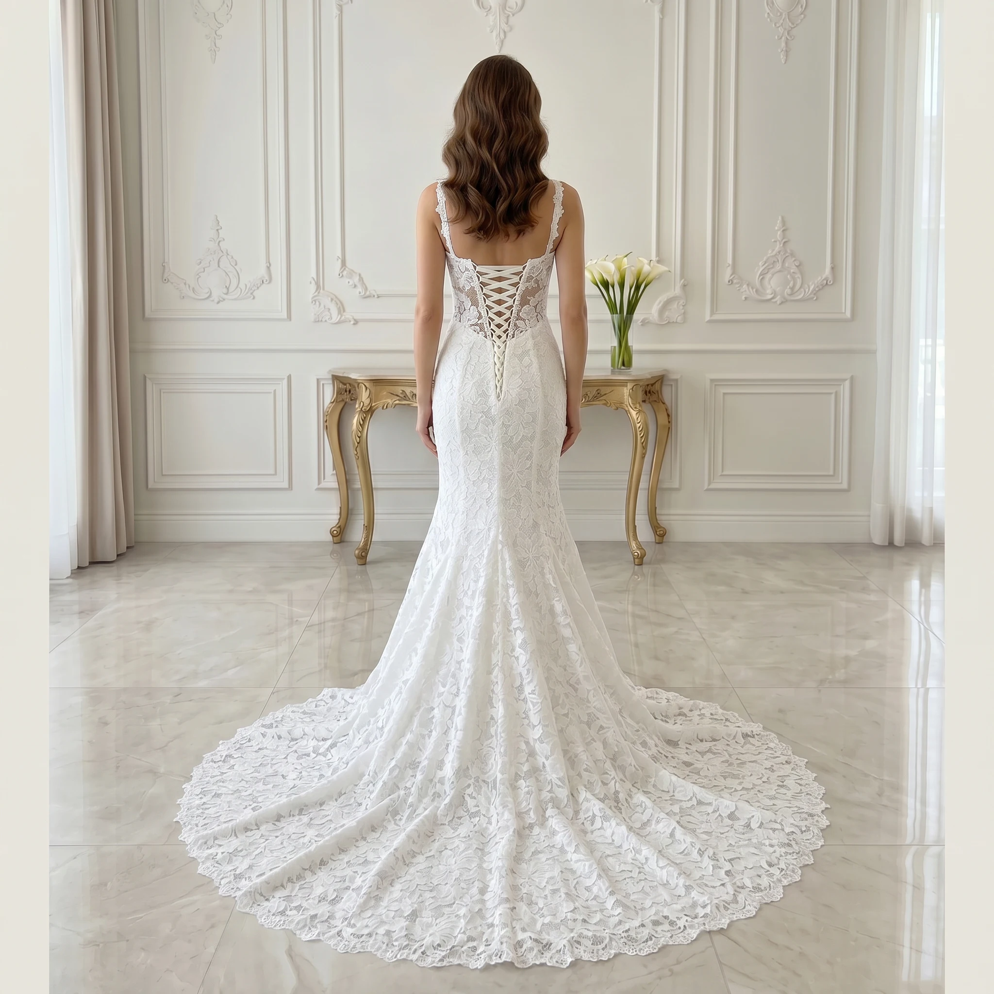 Thick Lace Strap Square Neck Mermaid Wedding Dress Full Floral Lace Illusion Corset Back Scalloped Train Bridal Gown
