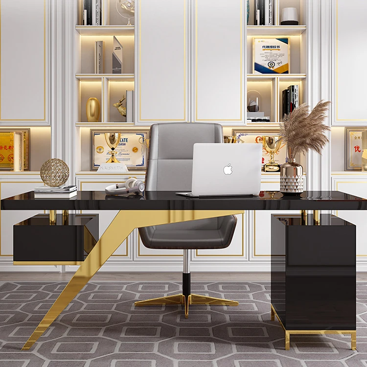 Luxury Modern Home Black Ceo Office Desk Set Computer Desks Study Table with Gold Stainless Steel Frame for Office Furniture