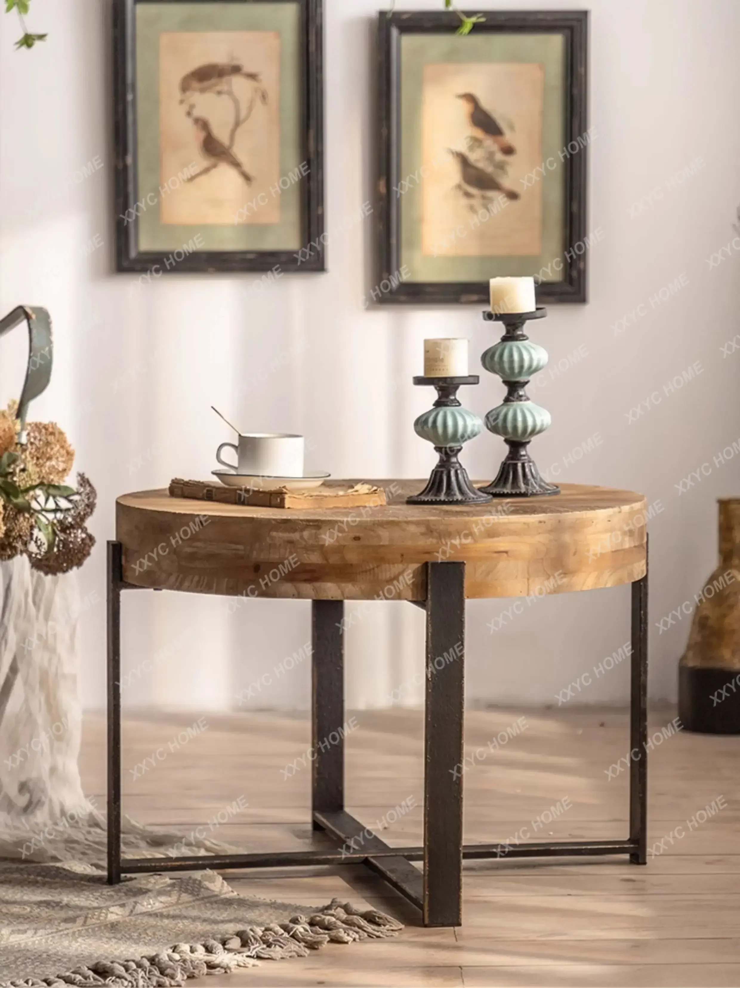 

Tw retro old round solid wood coffee table living room balcony sofa side table creative simple log low table