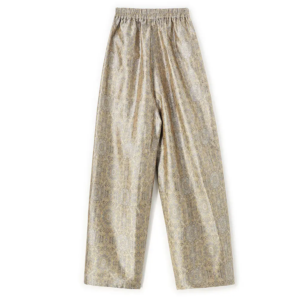 BirdTree-Silk Song Brocade Elegant Pants, Elastic Waist Geometry, Women Retro Commute Wide-leg Pants, 2026  Autumn New B69061CC
