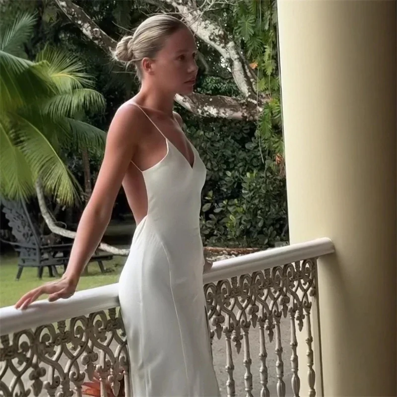 

Solid Satin Backless Evening Party Sling Dress Women White V Neck Sleeveless Slit Strap Dresses 2026 Summer Lady Formal Robes