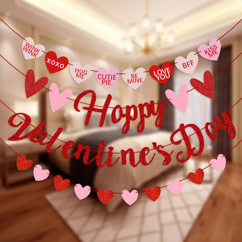 

3 Pcs Heart Letter Paper Valentine Bunting Decor Supplies Banner Creative Festival Hanging Decoration Reusable Party