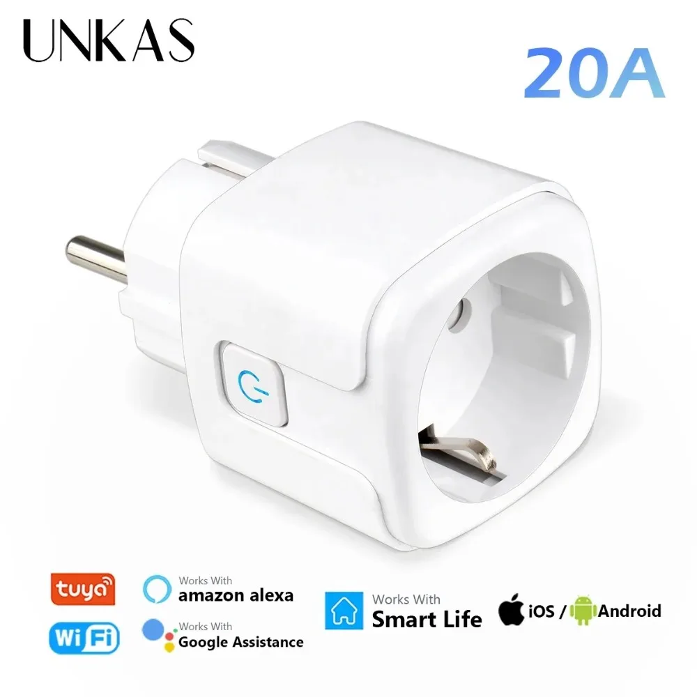 UNKAS 20A EU Smart Plug Tuya Wifi Socket Voice Control Remote for Alexa Yandex Google Home Energy Monitoring Function