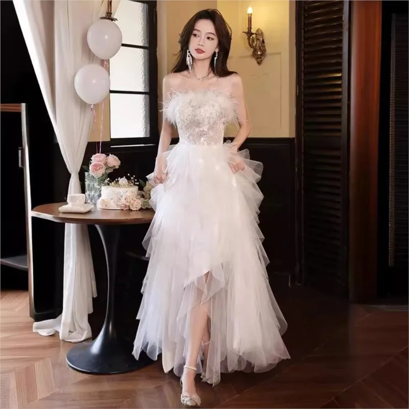 

White Dress Feather Model New Style Fairy Tube Top Banquet Host Female