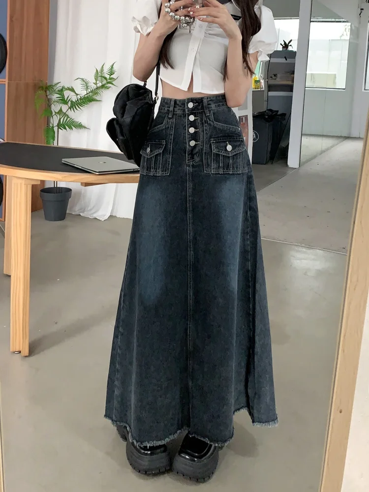 

High Waist A-Line Denim Skirt Women's Retro Design Sense Midi Skirt Korean Sle Commute ket Detail Long Skirt