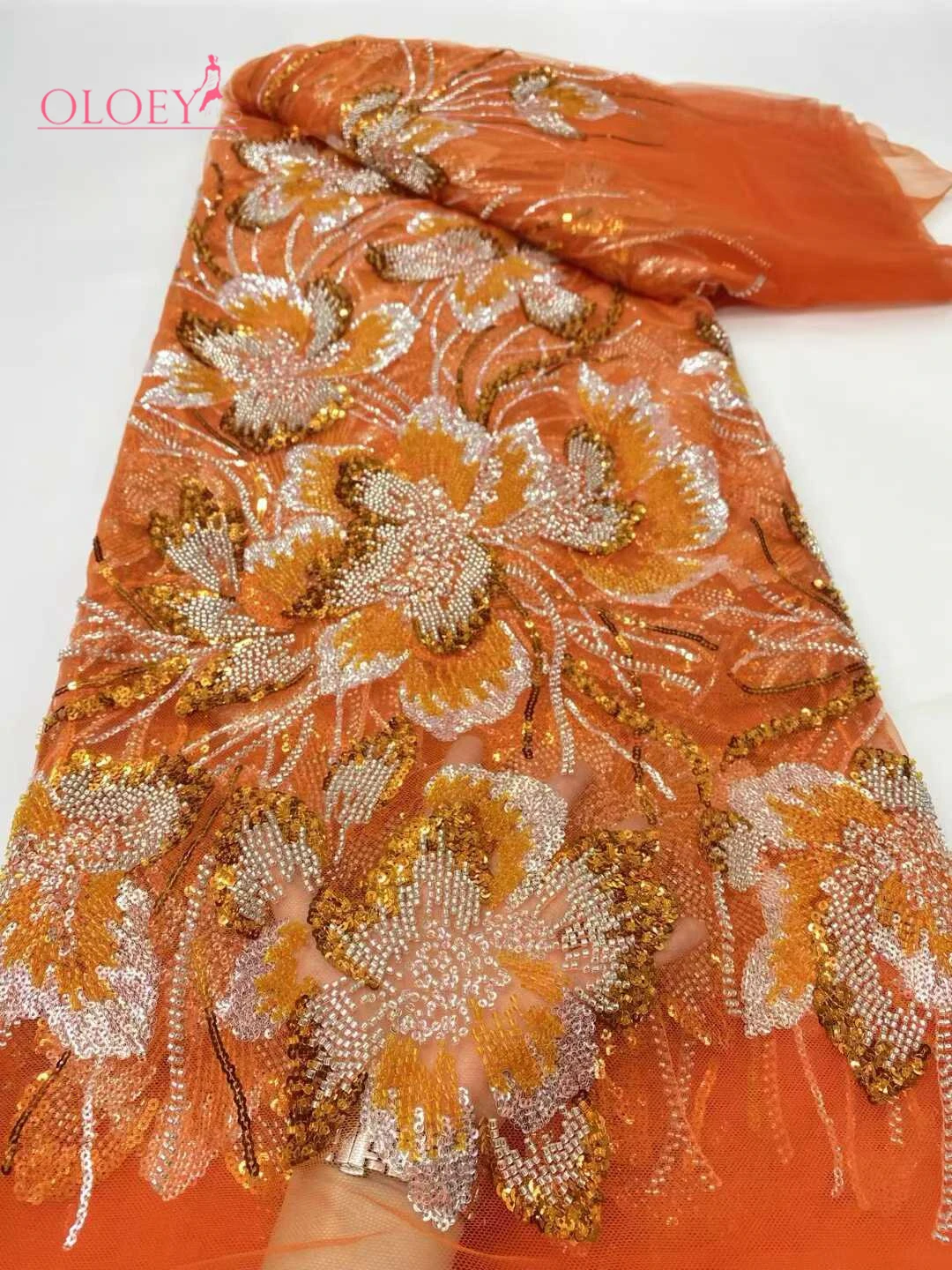 

Африканская кружевная ткань OLOEY с бисером 2026: высококачественная нигерийская сетчатая тюлевая ткань с пайетками, идеально подходит для пошива женской одежды