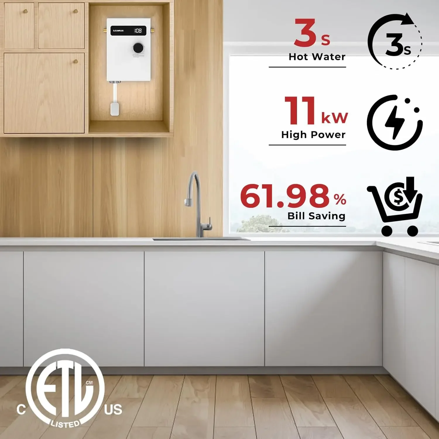 Tankless boiler elektrisch 11 kW 240 volt, point-of-use digitaal display, elektrische instant boiler met zelfmodulatie